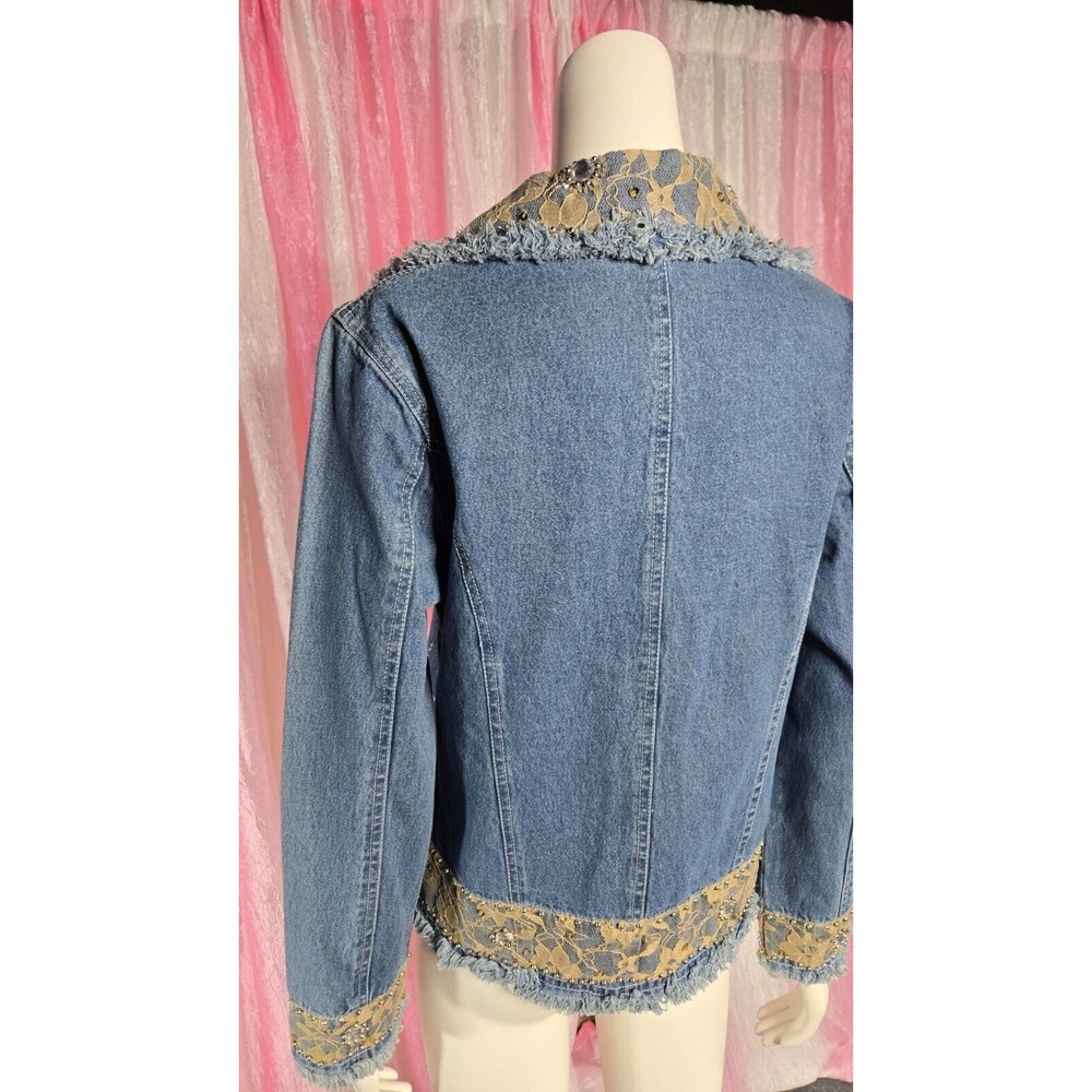 Step In Style Y2K Unique Denim Lace Studded  Rhinestone Jean Jacket Size Large - Picture 14 of 16